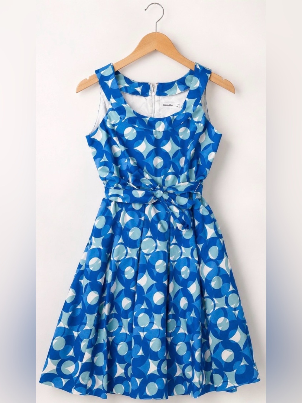 Calvin Klein Retro Blue Geometric Sleeveless Dress with Waist Tie